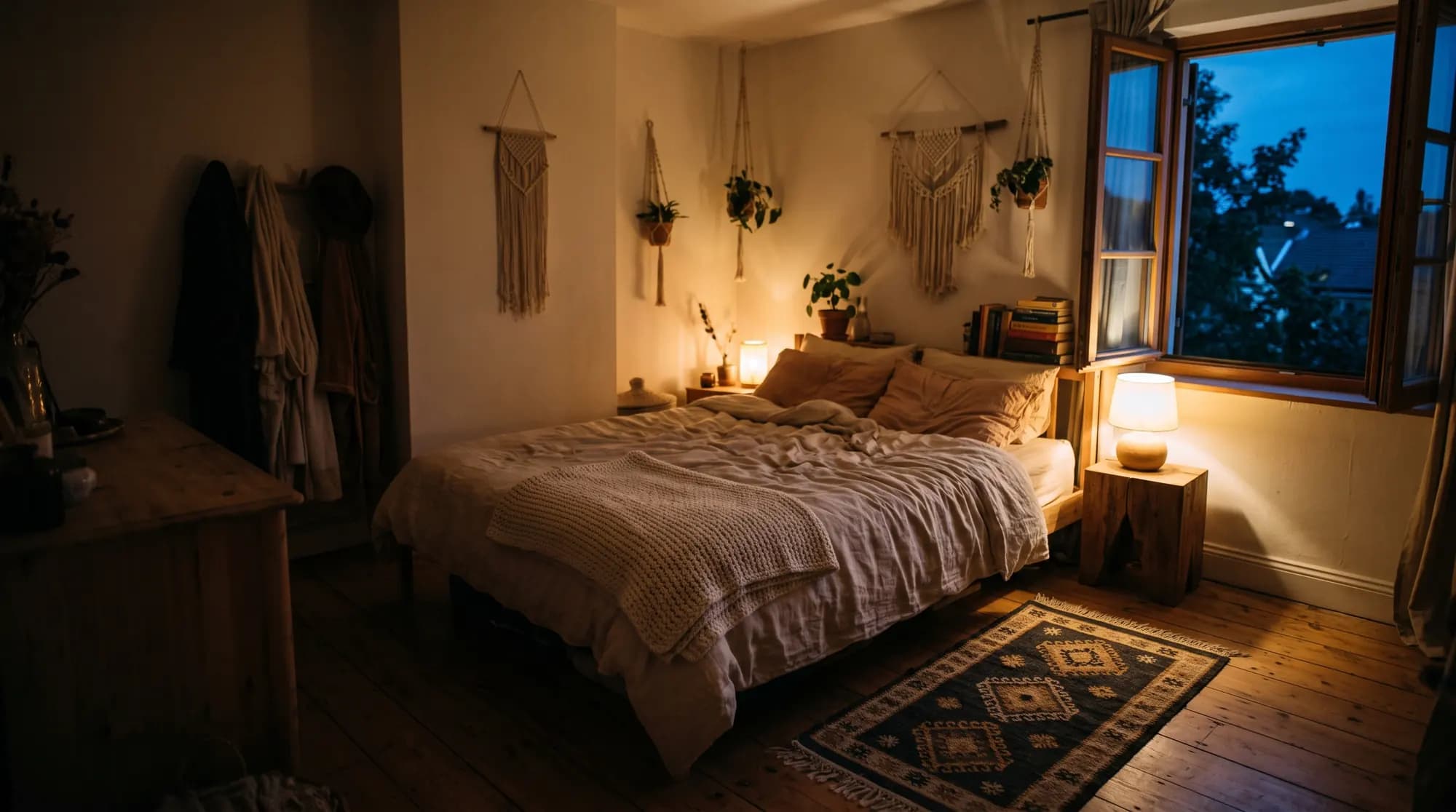 Chambre bohème chic au crépuscule, plaid en laine replié au bout du lit