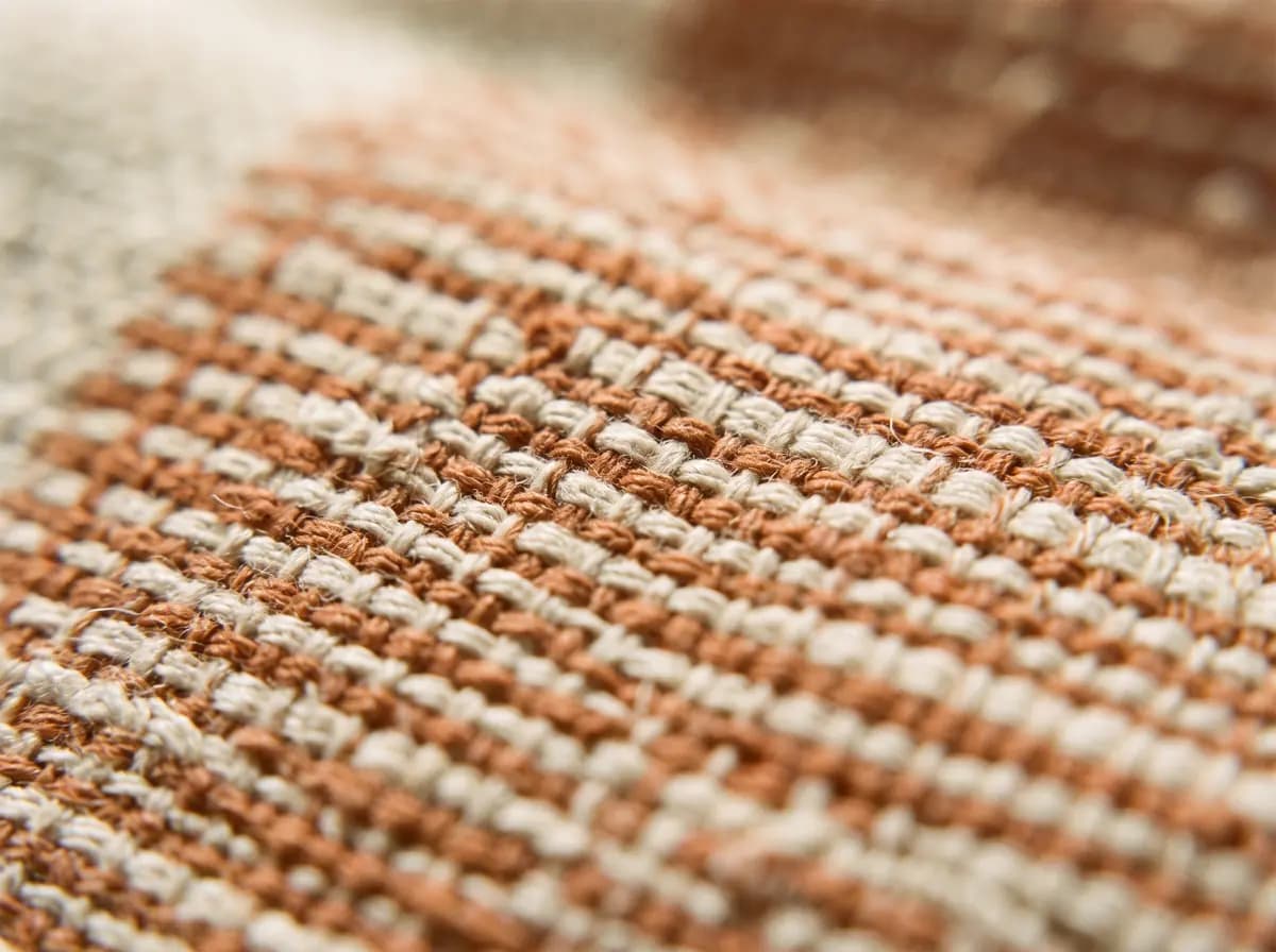 Macro d’une étoffe tissée main aux fines rayures écrues et terracotta