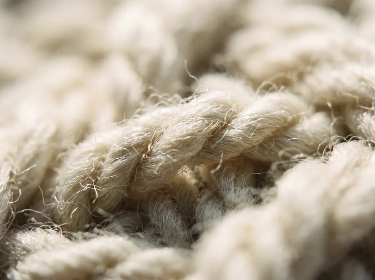 Macro d’un tissage en laine vierge écrue, fibres torsadées visibles